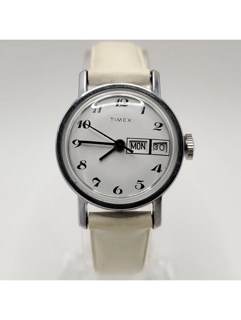 Timex Mechanical White Day/Date Dial Silver Tone Womens Watch 24mm Running